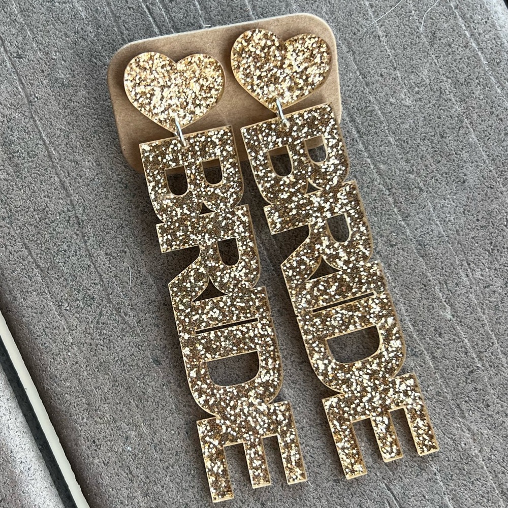 Gold glitter “bride” dangle earrings